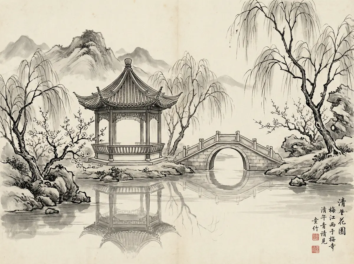 澳门六合彩水墨画中的亭台楼阁与石桥倒影