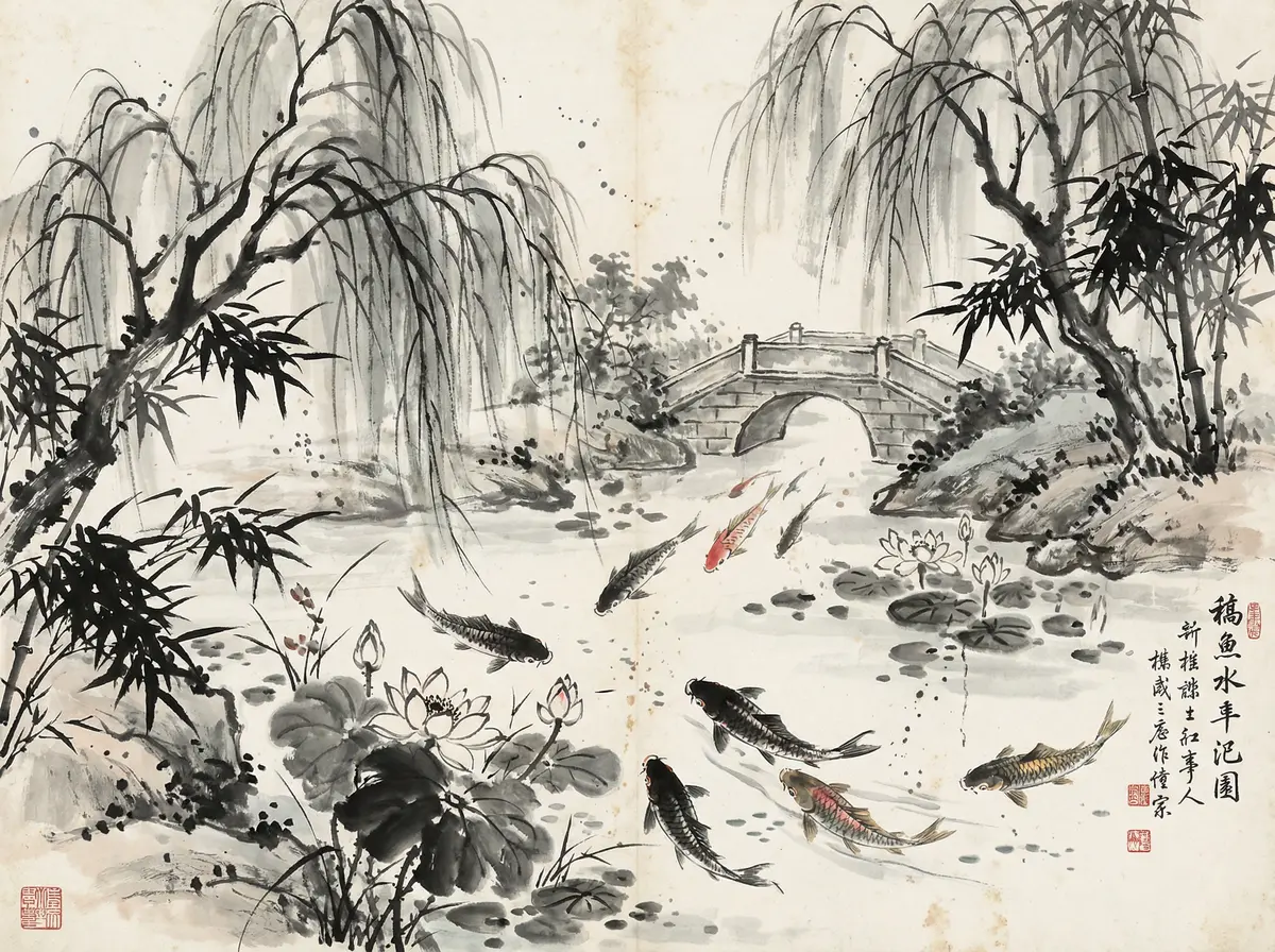 澳门六合彩金沙国际锦鲤池水墨画展示东方园林元素