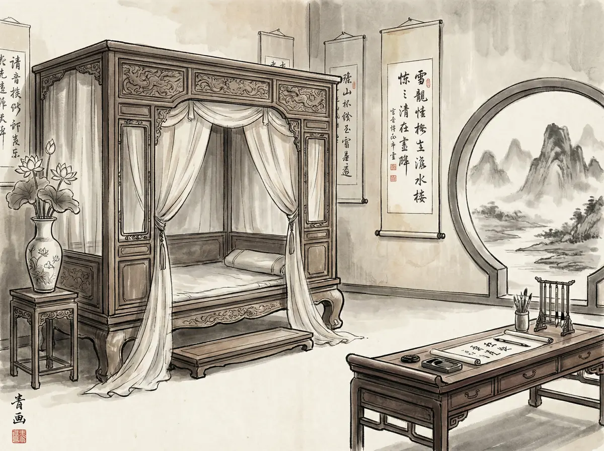 澳门六合彩水墨主题豪华客房内景展示红木家具与书法挂轴