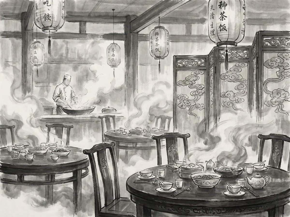 澳门六合彩墨香食府水墨风格中餐厅内景展示传统瓷器餐具与雕花屏风