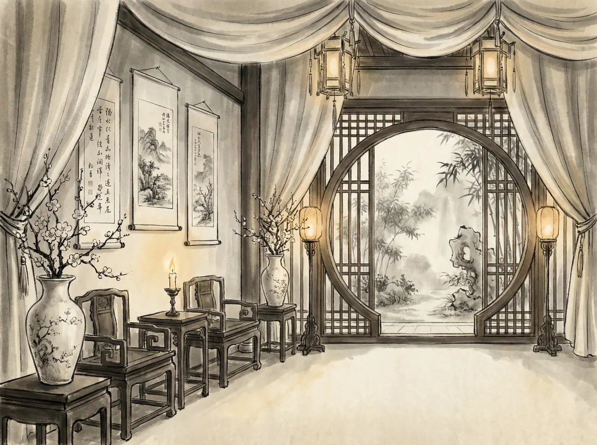 澳门六合彩丝绸帷幔园林景观客房展示月洞门与竹林景致