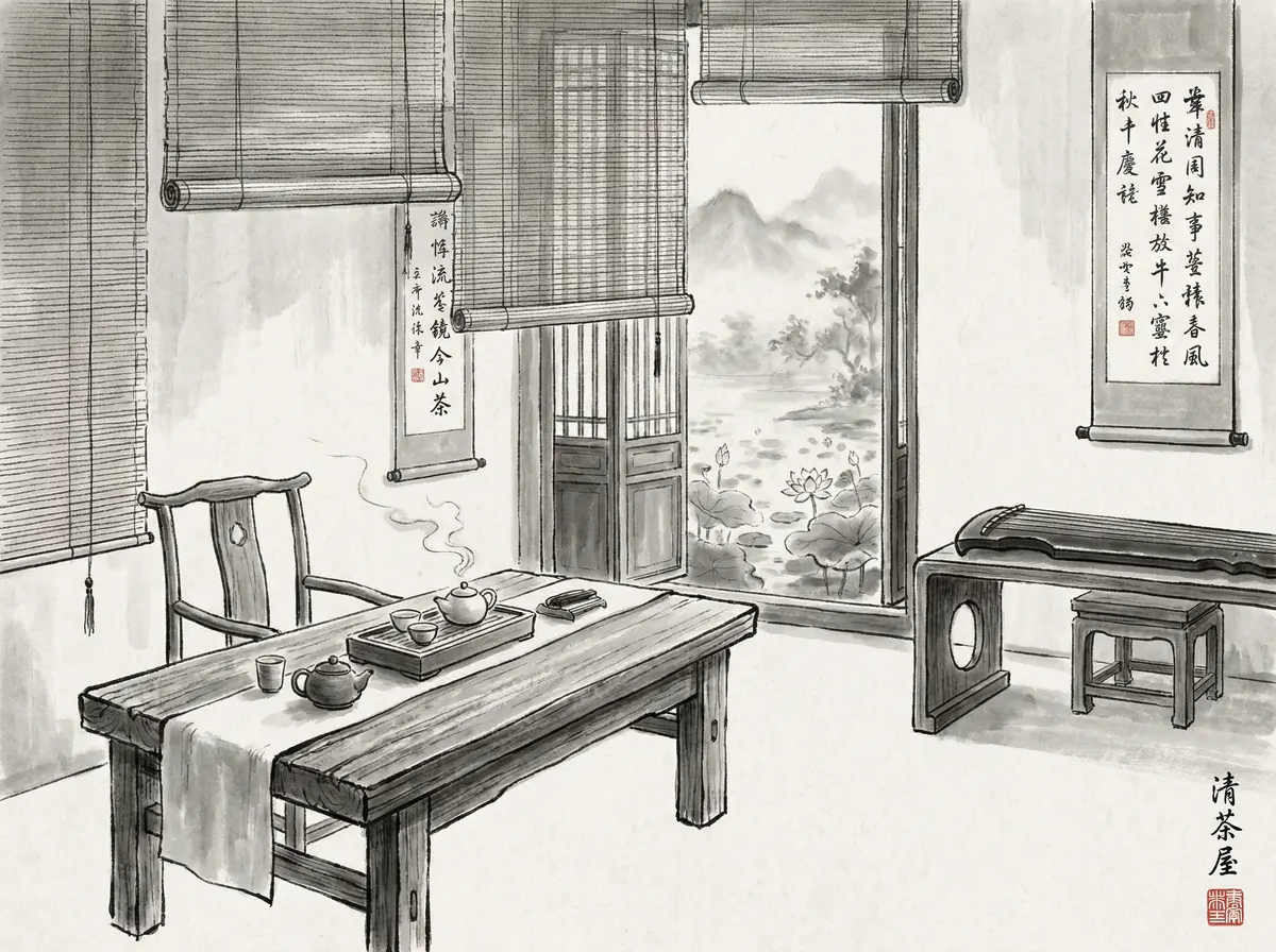 澳门六合彩听雨轩茶室水墨画风格展示功夫茶具与古琴